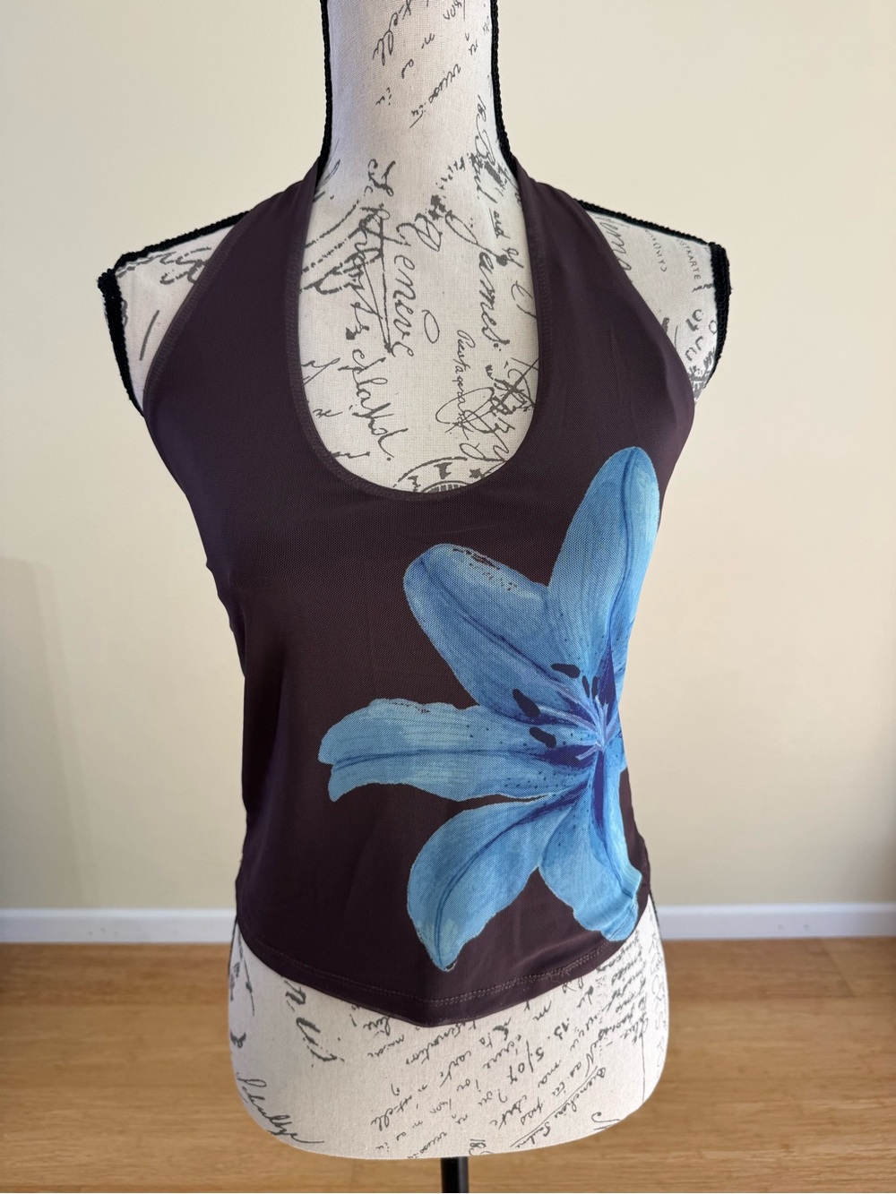 Pink Rose Brown Halter Tank Top with Blue Floral Accent Size L